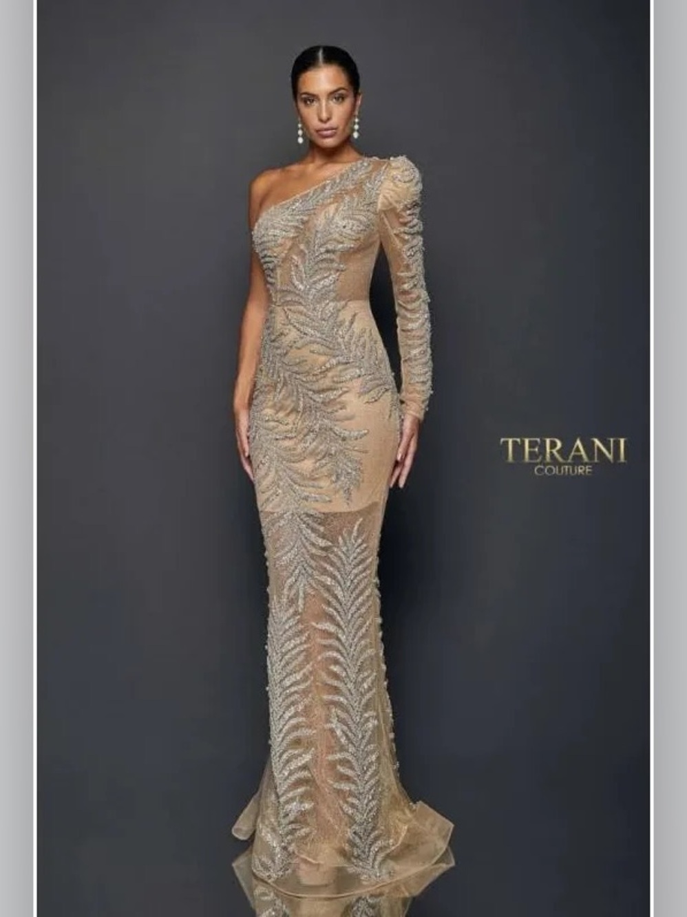 Terani Couture 0659 Champagne One-Shoulder Embellished Gown
